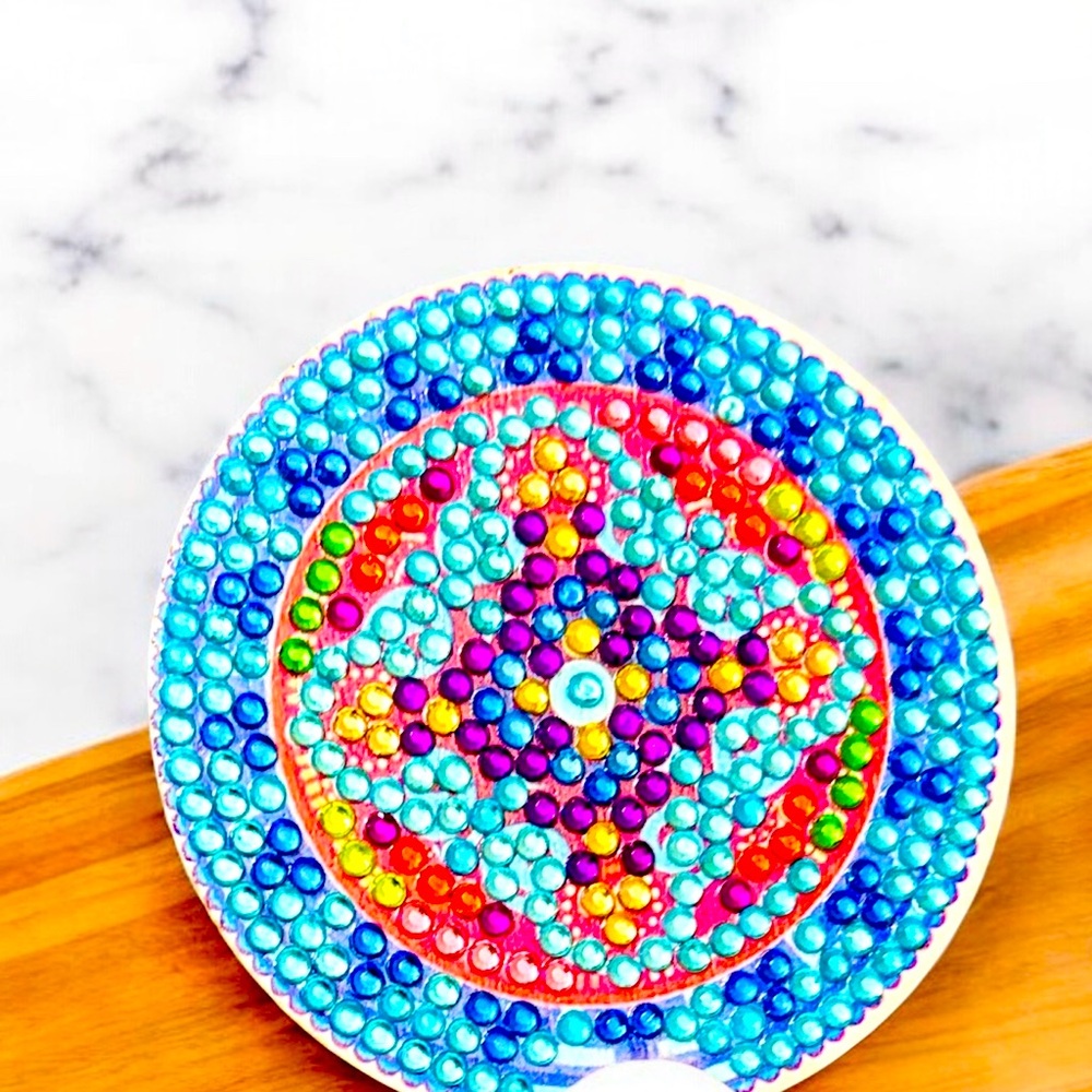 Colorful Car Coaster Hand Crafted & Sealed Diamond Art Cork Backing 2.8” Round